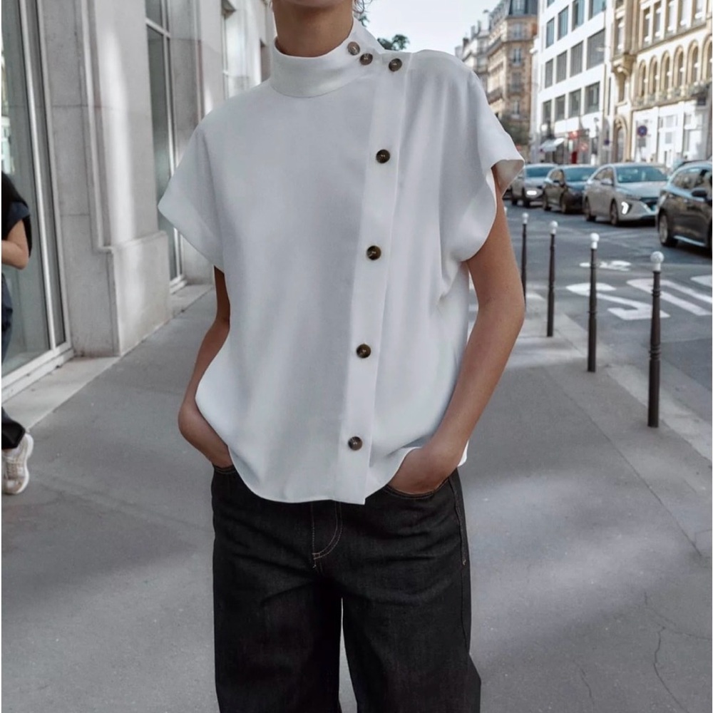 Zara Asymmetrical White Button-Up Blouse